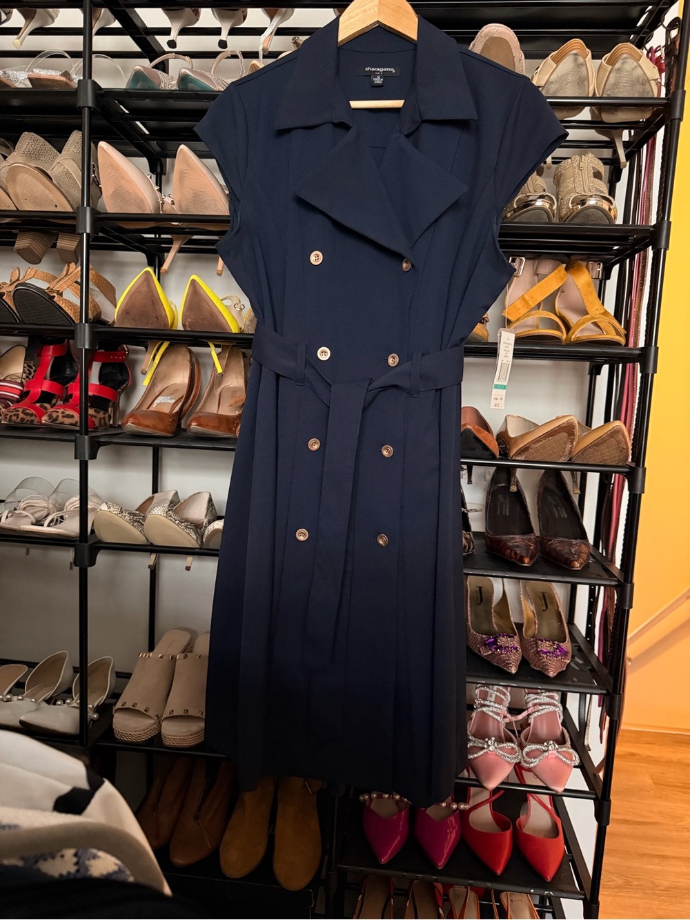 Sharagano Navy Double-Breasted Belted Midi Dress